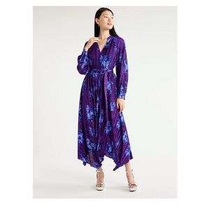 Scoop Women’s Long Sleeve Plisse Midi Dress Handkerchief Hem Size Medium